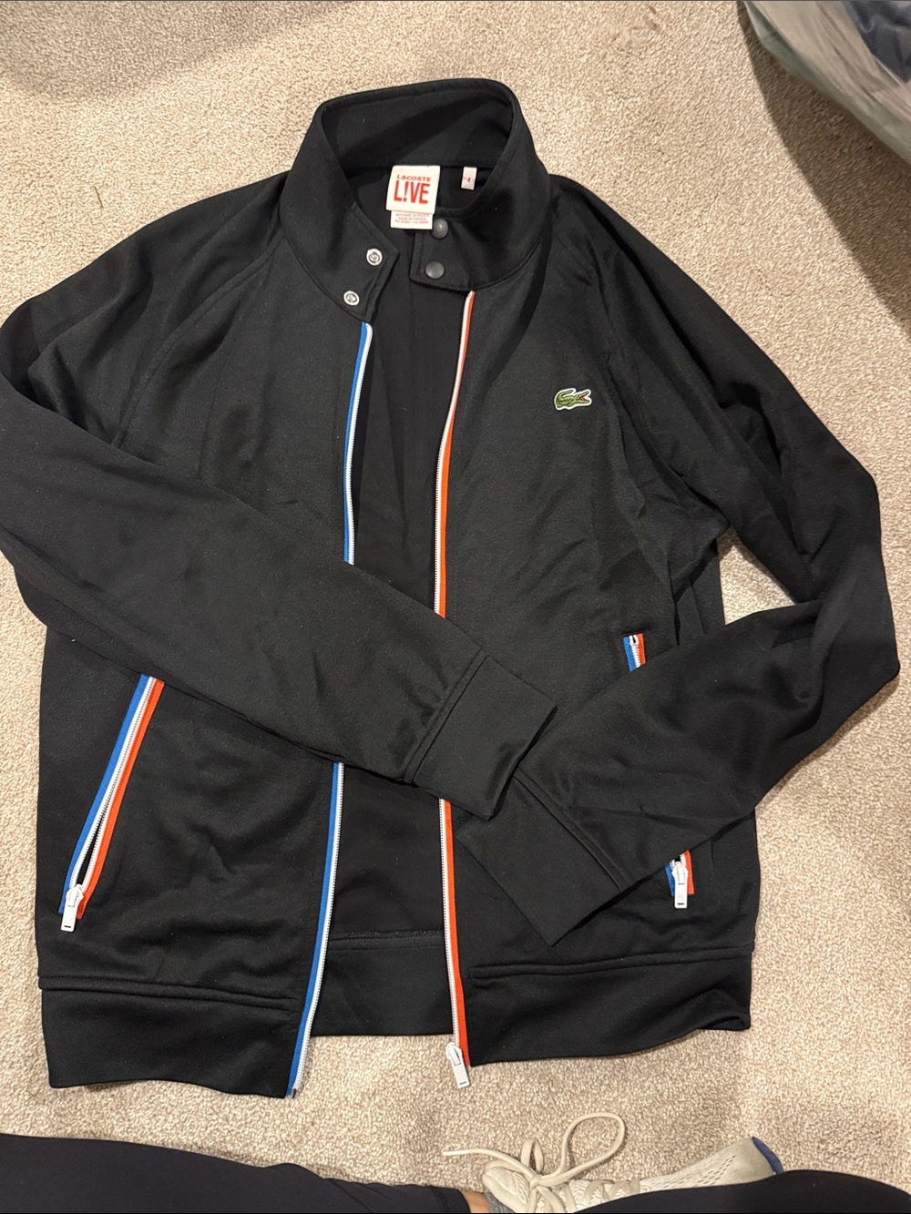 Lacoste Black Bomber Jacket with Blue & Orange Trim